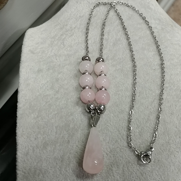 Rose Quartz Beaded Necklace Natural Gemstone Crystal Pendant Stainless-Steel - Picture 12 of 14